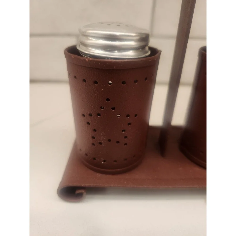 Primitive Rustic Star Farmhouse‎ Salt and Pepper Shaker Holder Set Punched Tin